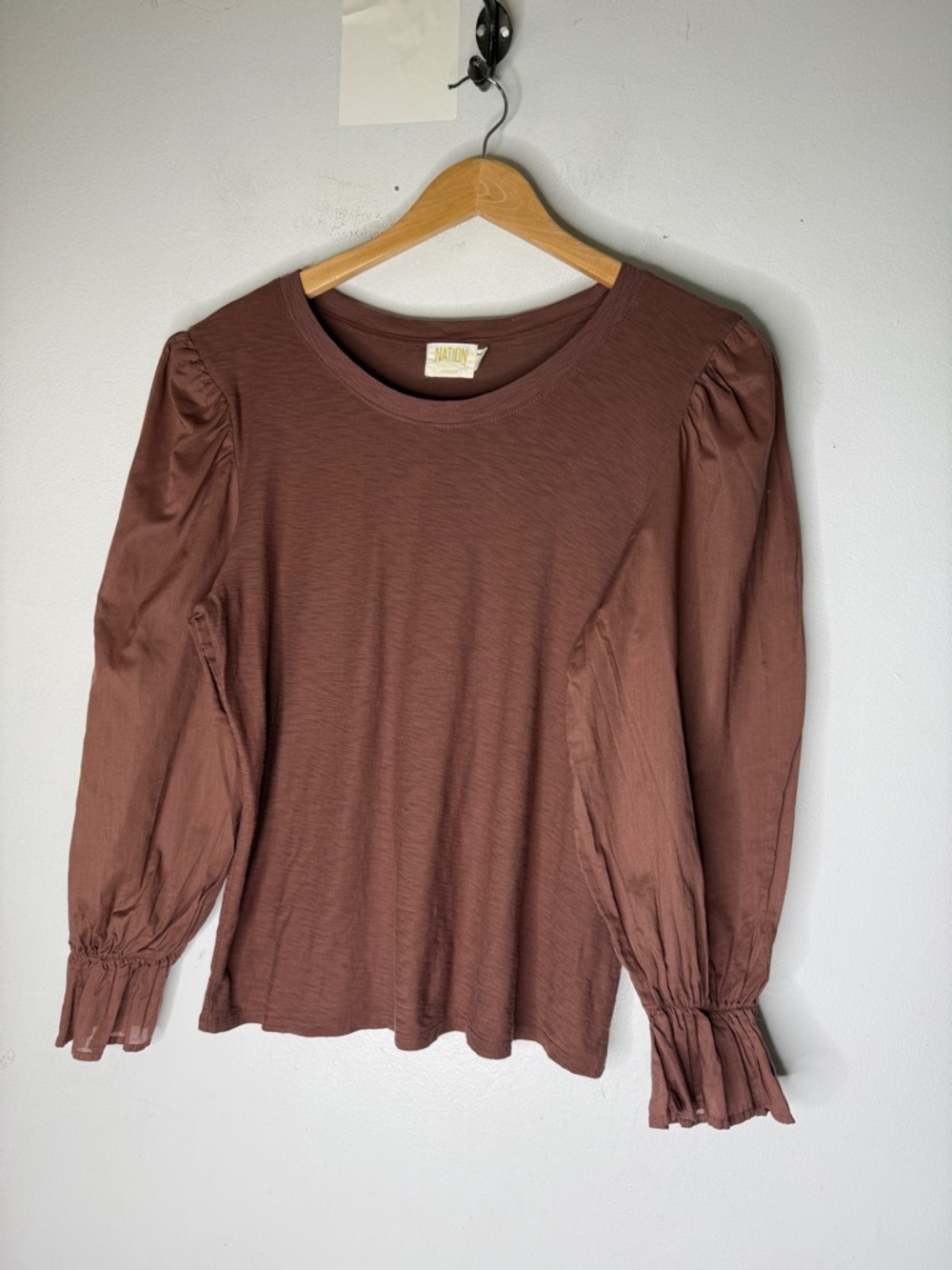 Nation Ltd‎ Shirt Long Sleeve Pima Cotton Puff Sleeve Brown Large
